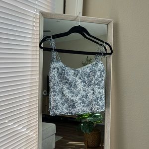 Oak + Fort White and Blue Floral Print Tie-Strap Bustier-like Tank Top